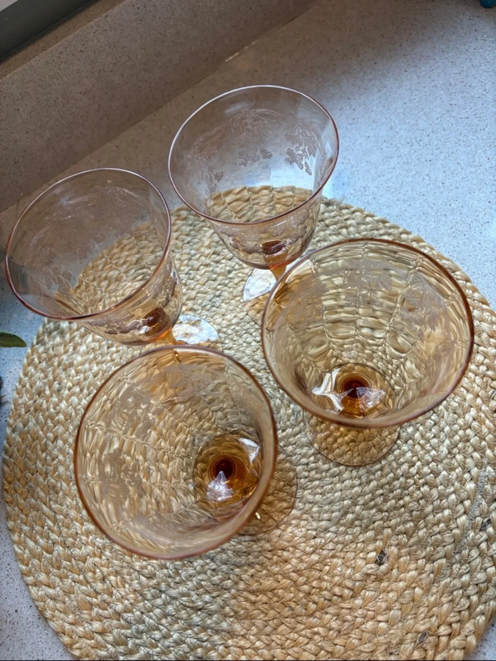 (4) Vintage Amber Etched Wine Glasses - Depression Era